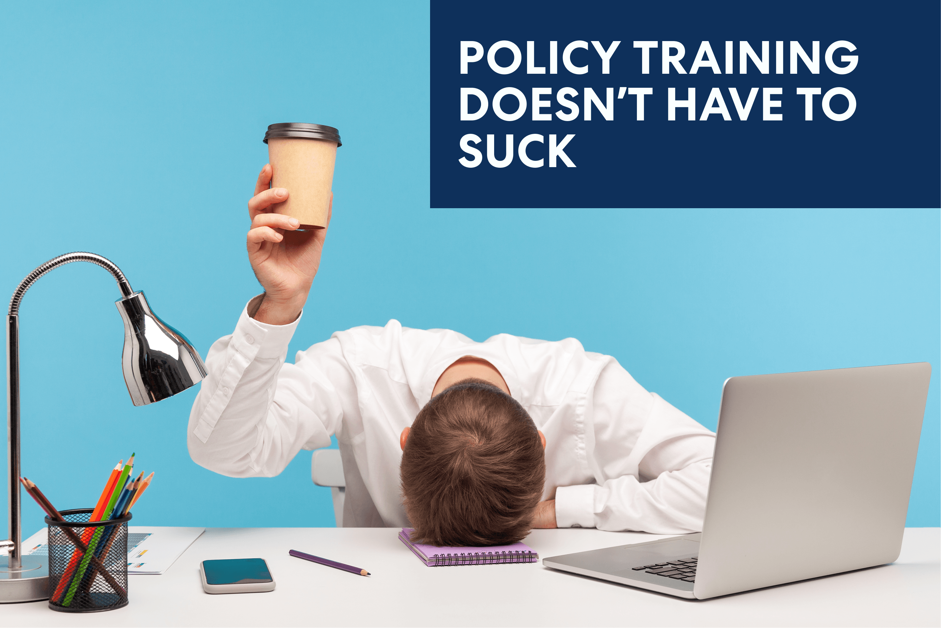 Image of a bored corporate employee head on the table holding a coffee cup.